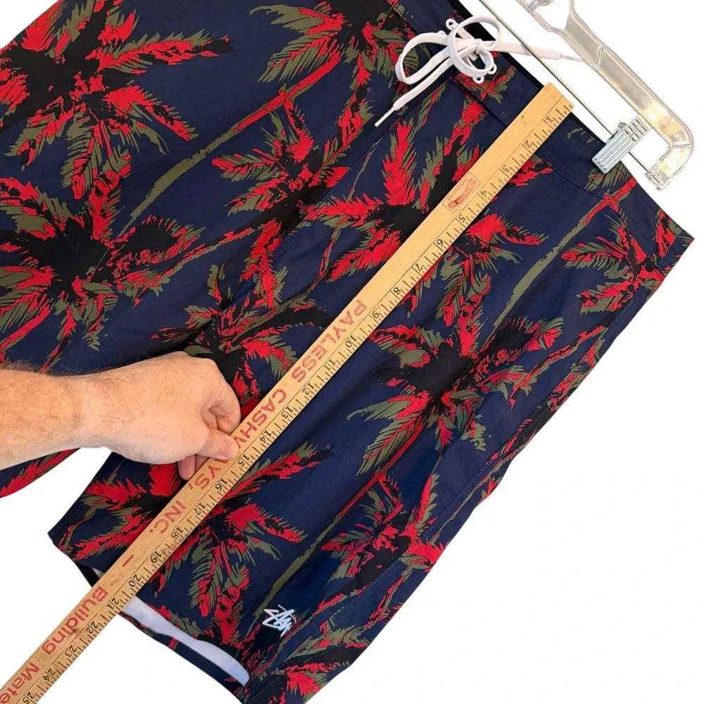 Stussy‎ Wild Palm Trunk Board Shorts Men 33 Med Navy Blue Red Swim Trunks NWOT